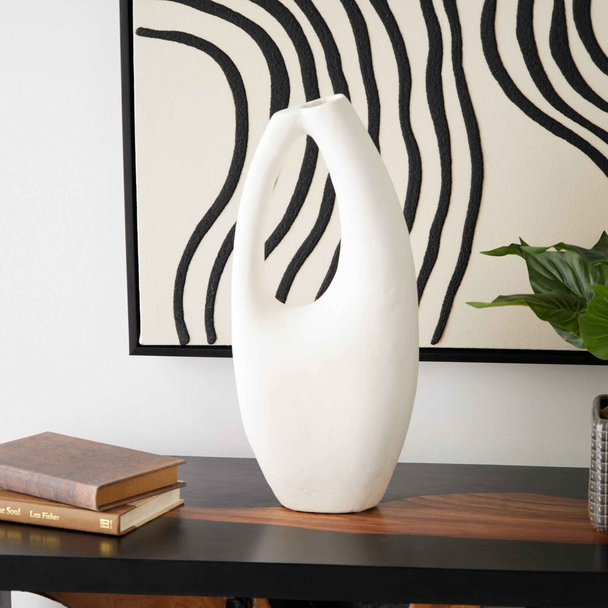 18" Beige Paper Mache Abstract Curved Vase with Handle